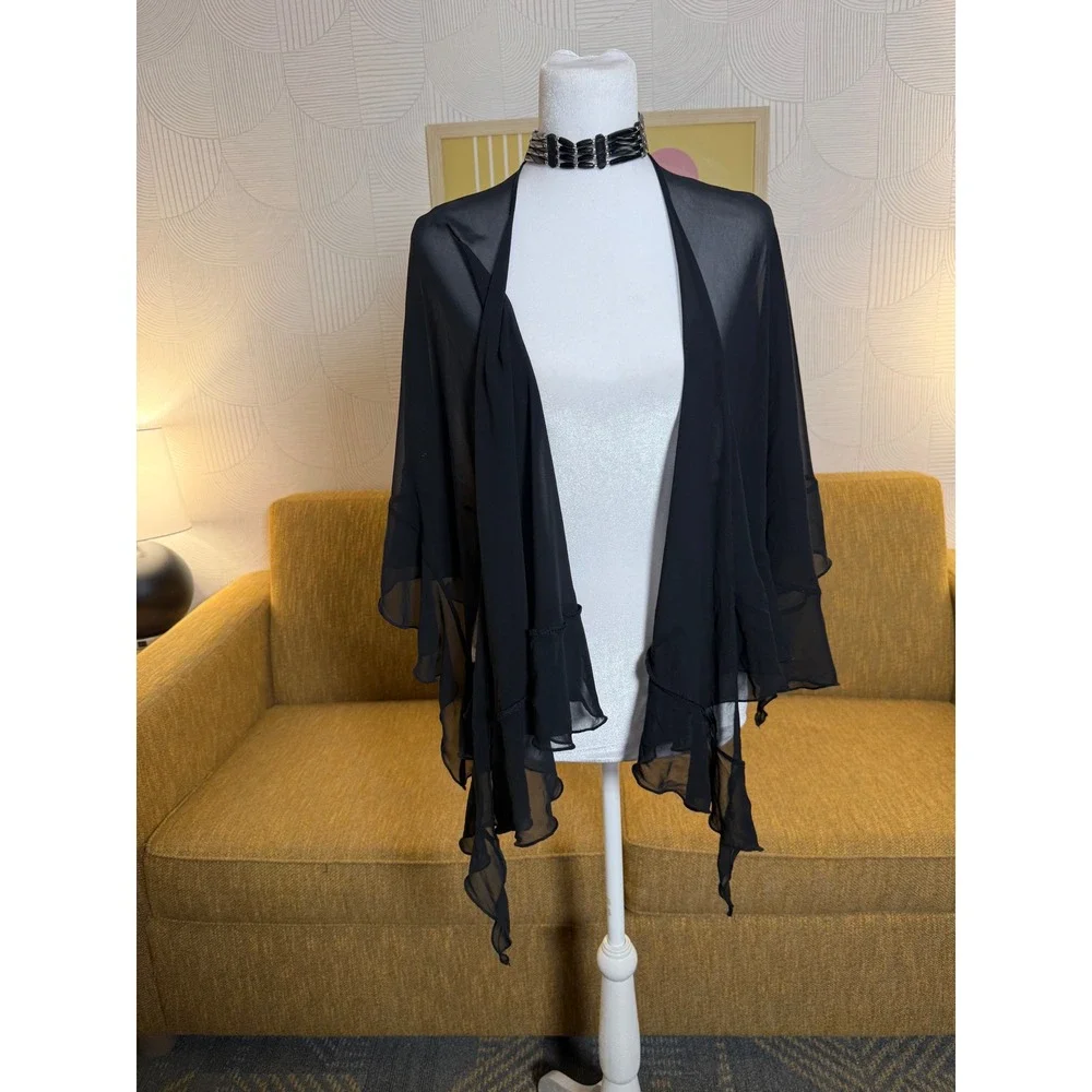 JBS Ltd Sheer Black Ruffle Wrap Shawl Multi Way Sarong Cover Up One Size